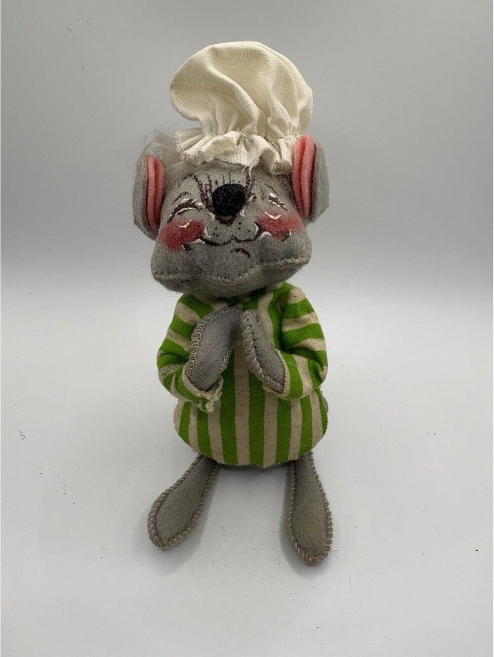 Vintage Annalee Mouse With Green Striped Nightgown And White Nightcap